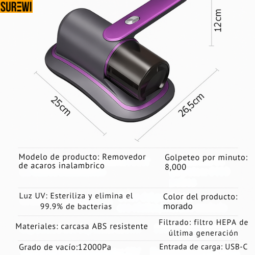ChatGPT said:
Mini aspiradora, Antiácaros, Succión 12 000 Pa, Golpe doble, Luz UV, Triple esterilización, Filtro HEPA, Inalámbrica, Boquilla 25 cm, Limpieza profunda, Purificación de aire, Descanso saludable, Eliminación de alérgenos, Hogar libre de polvo, Aire puro, Ambiente sin bacterias, Compacta, Recargable USB-C, Potencia profesional, Fácil de usar